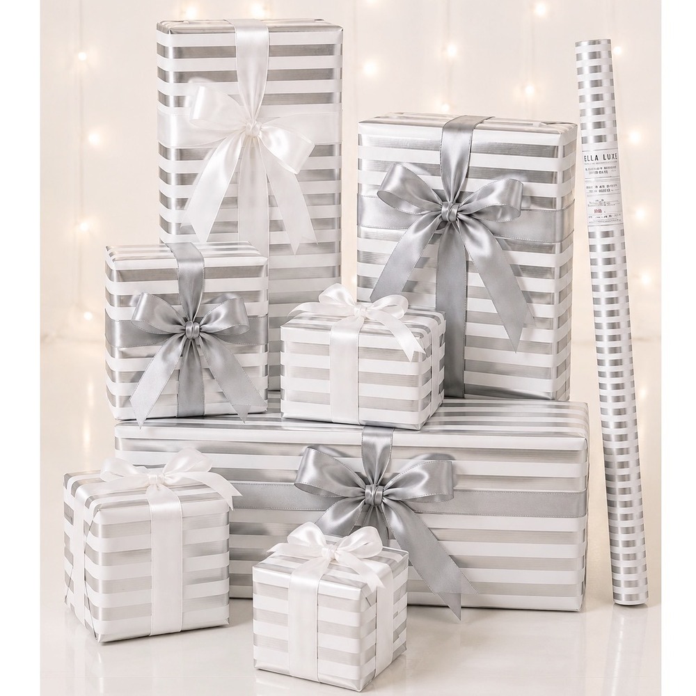 Bella Lux Silver White Striped Heavy Weight Gift Wrap 30 SqFt Party Chic 109-12